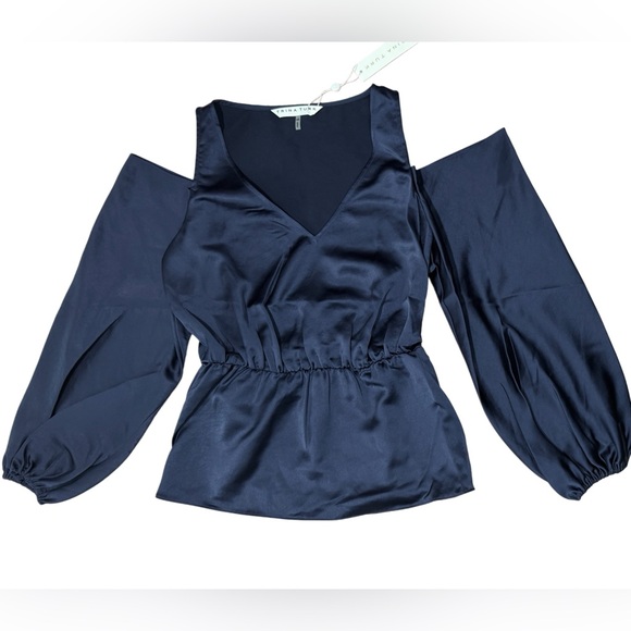 Trina Turk NWT Navy Milky Way Cold Shoulder Balloon Sleeve Satin Long Sleeve Top - Picture 5 of 6